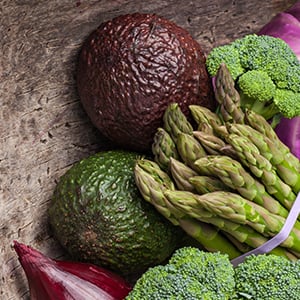 Vegetables piled together. These organic leafy greens are high in folic acid.