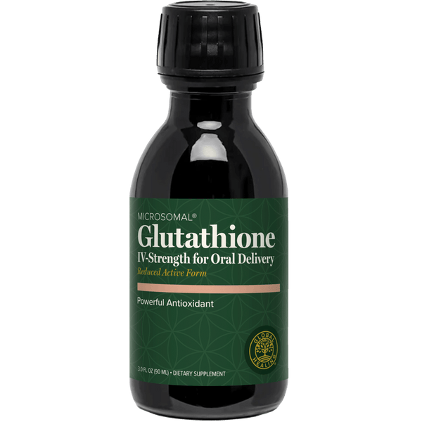A bottle of Microsomal Glutathione IV-Strength for Oral Delivery dietary supplement, featuring a dark green label and black cap on a white background.