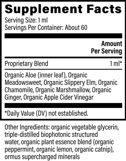 A close-up of a supplement facts label showing the 'Supplement Facts' panel with serving size 1 ml, servings per container about 60, and a list of ingredients including organic aloe, organic meadowsweet, organic slippery elm, organic chamomile, organic marshmallow, organic ginger, and organic apple cider vinegar.