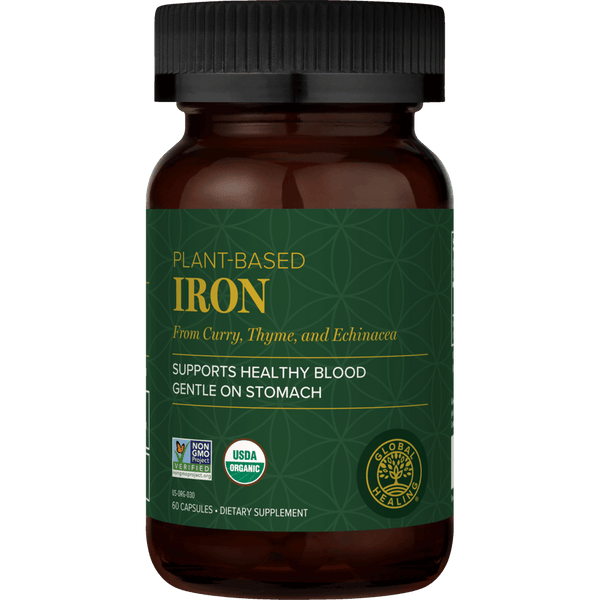 A bottle of Elderberry Plant-Based Iron dietary supplement. The product features an amber brown bottle with a black ribbed cap and a dark green label with gold text and logos.