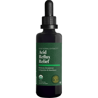 A dark amber glass dropper bottle of Acid Reflux Relief