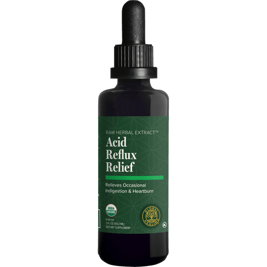 A dark amber glass dropper bottle of Acid Reflux Relief